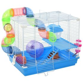 2-Level Hamster Cage Rodent Gerbil House Mouse Mice Rat Habitat Metal Wire with Exercise Wheel, Play Tubes, Water Bottle, Food Dishes, & Interior (Option: Blue-315x125x500 mm)